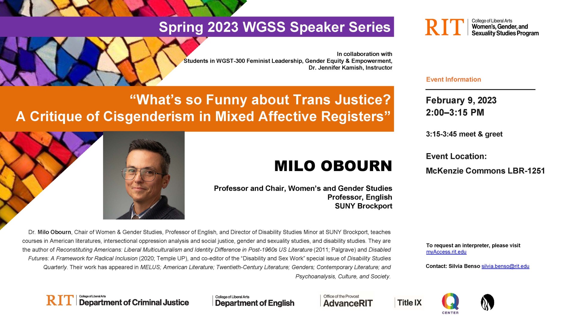 WGSS Speaker Series--Milo Obourn on "What is so Funny about Trans Justice?"