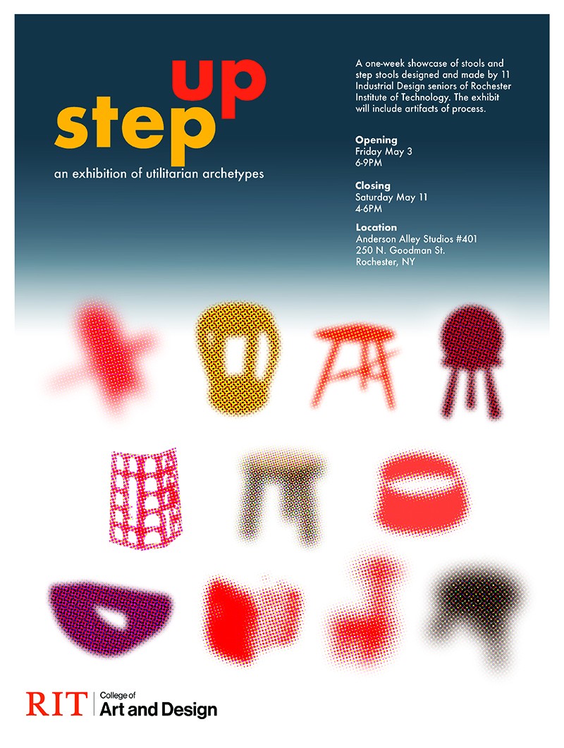A poster with wood stool designs.