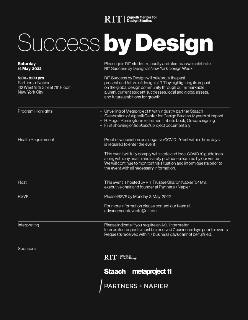 A graphic with the itinerary for RIT's presence at Design Week 2022.
