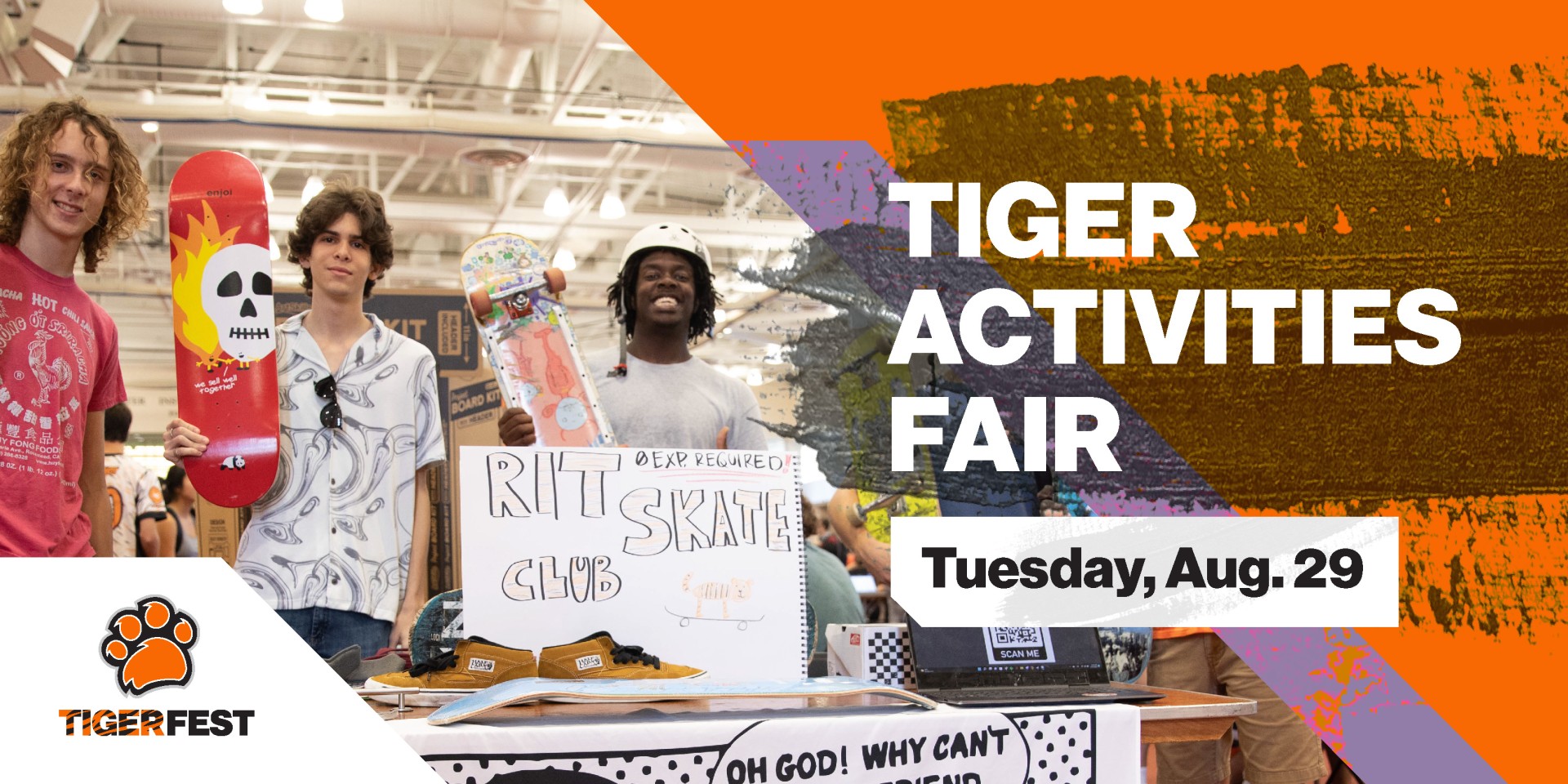 Photo square with orange, black and purple background with an orange tiger print in the bottom left corner that reads "TigerFest".. Text reads: Tiger Activities Fair Tuesday, August 29, 2023.