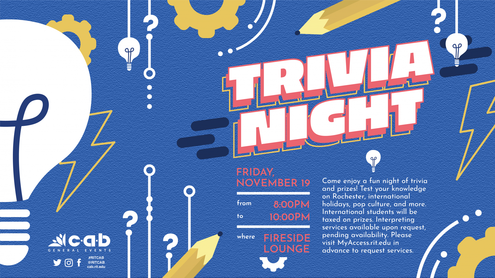 Floating text and images describing CAB Trivia Night