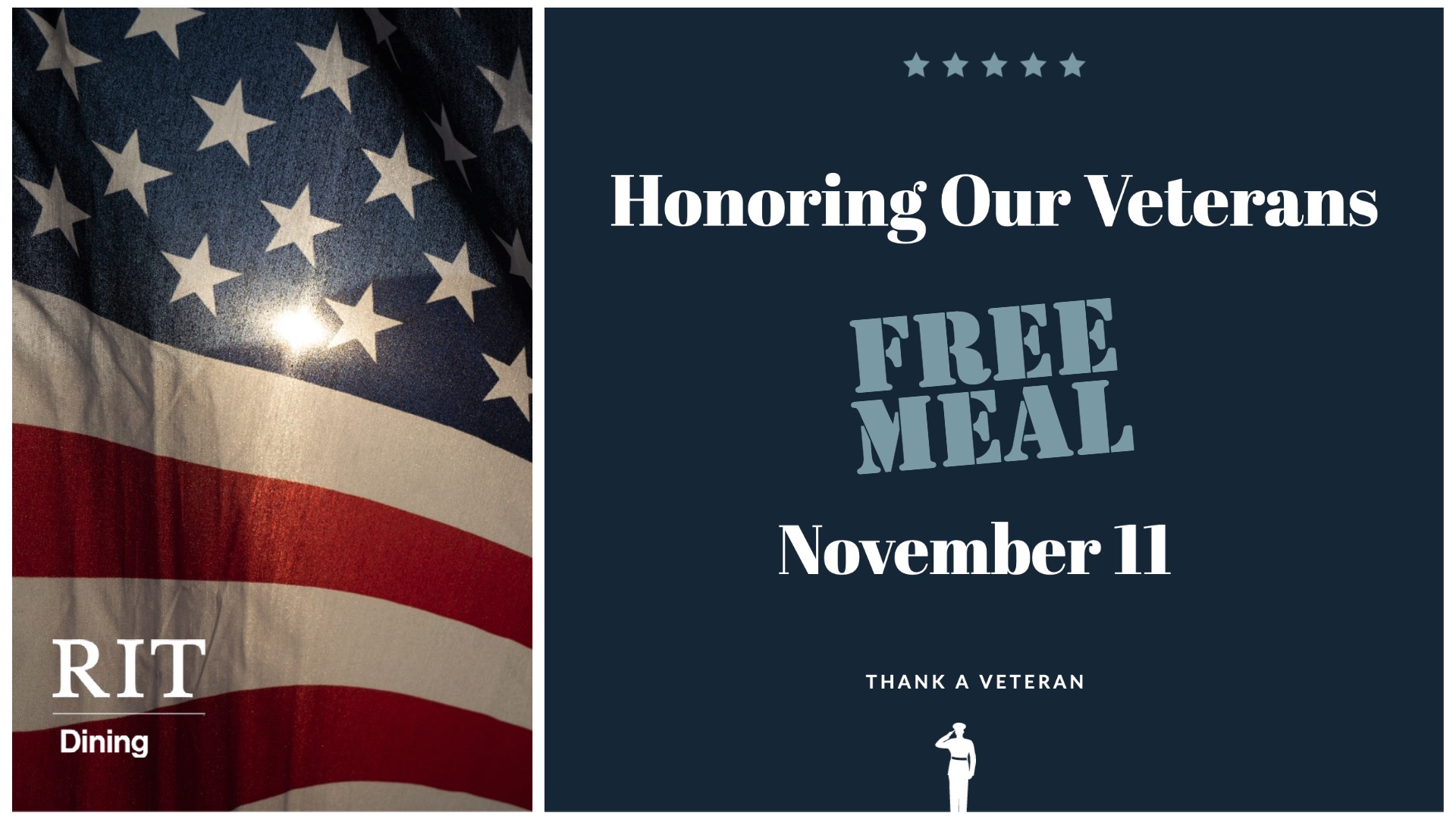 partial image of an American flag next to text on a blue background reading "Honoring Our Veterans, Free Meal, November 11"