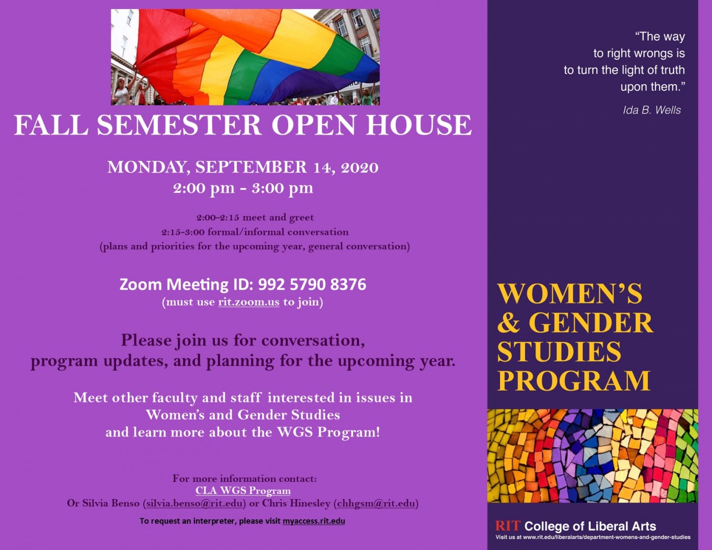 Invitation to WGS Program's Fall Open House on Monday, September 14, 2020, 2:00-3:00 PM. 