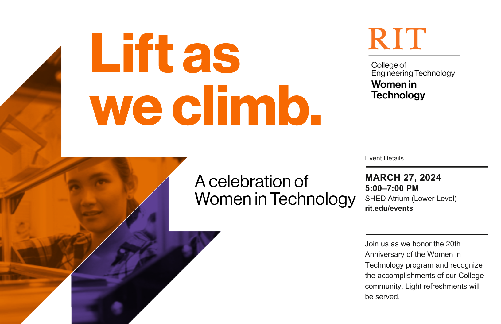 Lift as we climb event promotion with woman student working on a machine in a graphic with text about the event