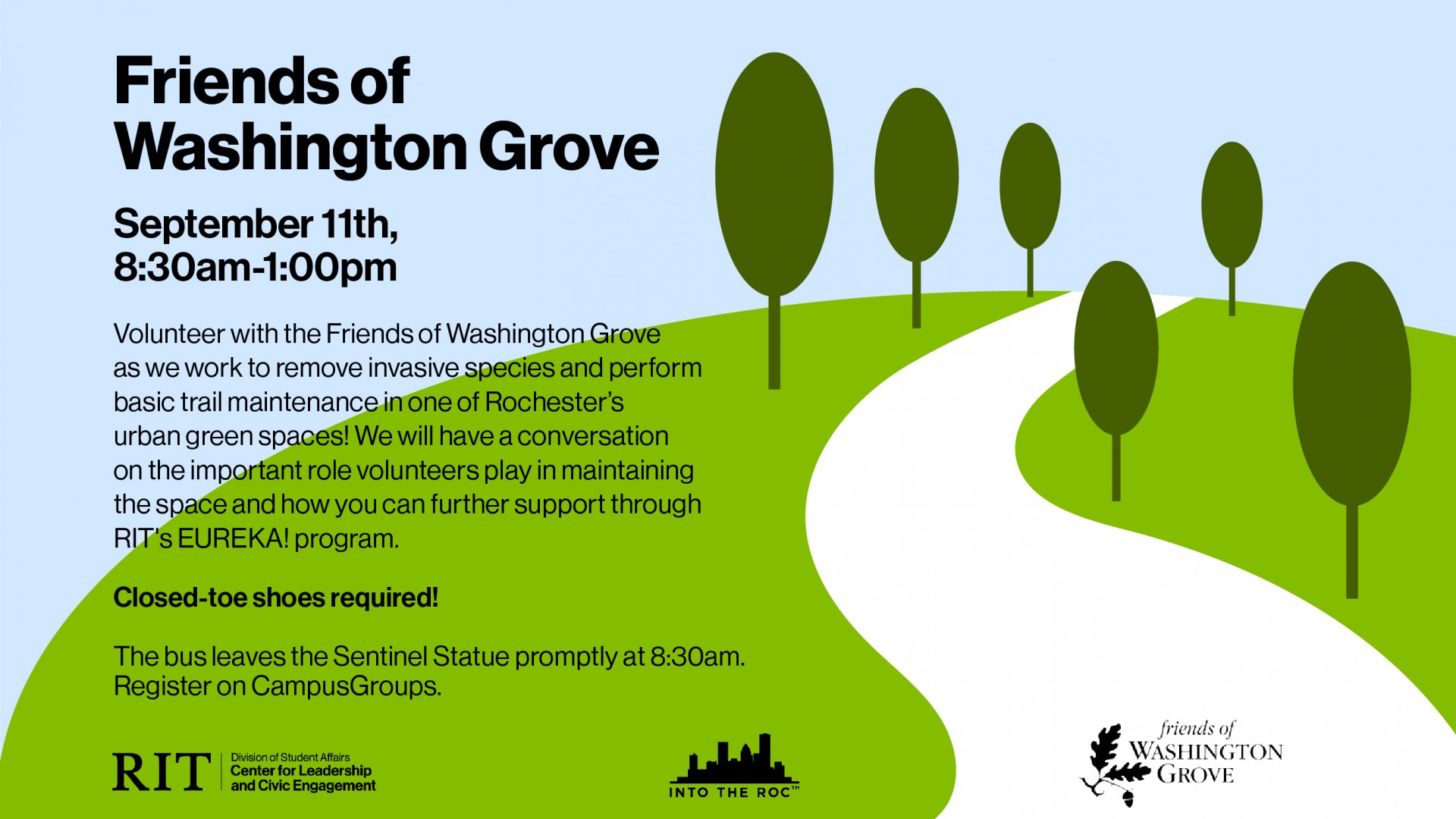 A winding trail makes its way through a small group of trees located on top of a small hill. To the left of the trees and trail are the details of the event. At the bottom of the image are the sponsoring groups.