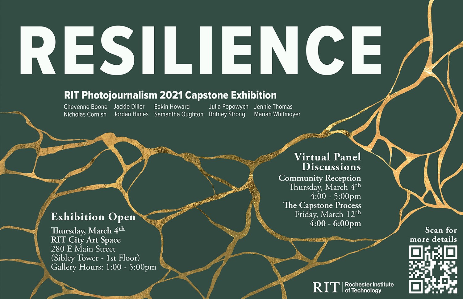 A graphic with the title RESILIENCE and names of exhibiting artists.