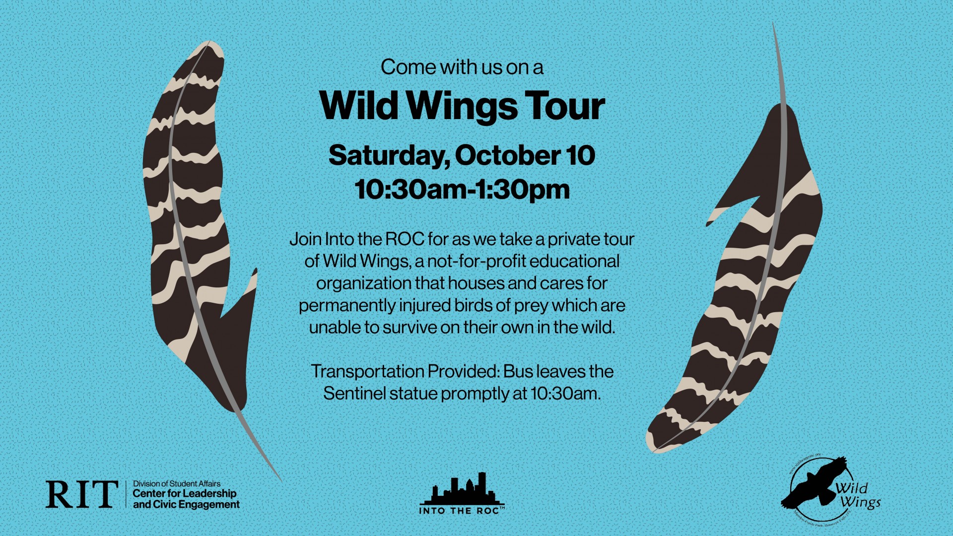 Two feathers sit on a blue background, surrounding information about the event.