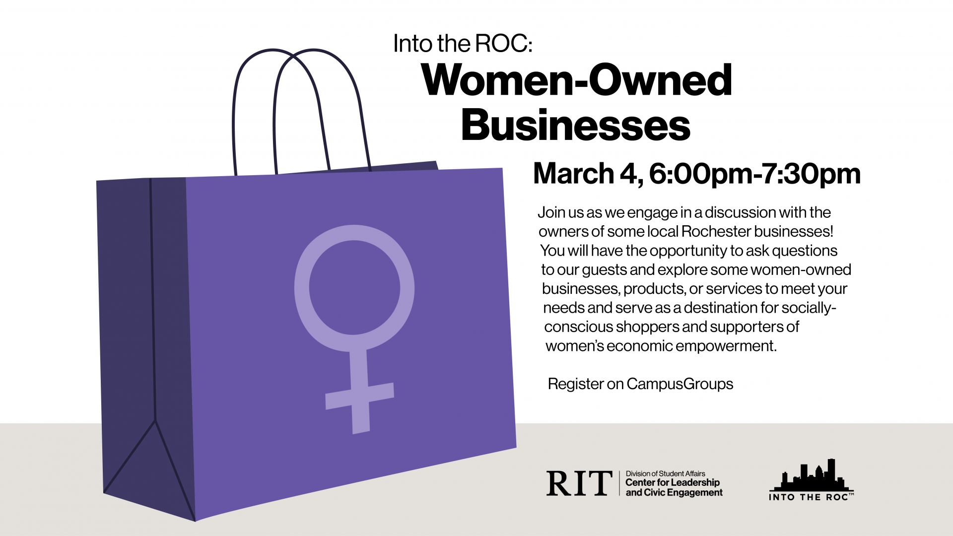 A purple shopping bag sits in the foreground. Next to it, a description of the event.