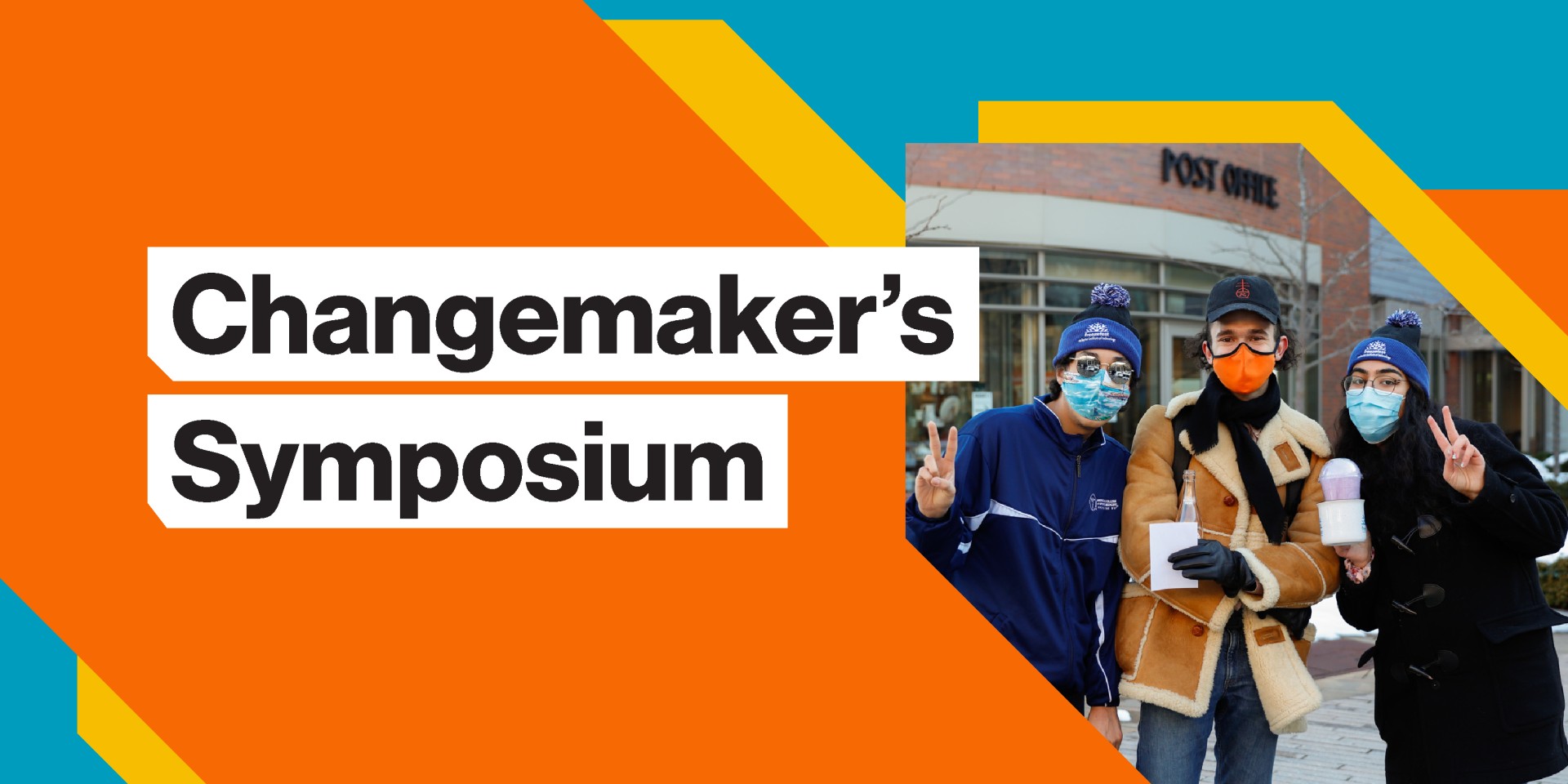 Changemaker's Symposium, Students outside with masks giving the peace sign.