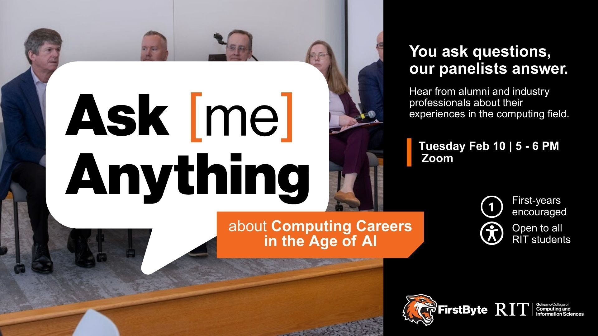 FirstByte: Ask Me Anything about Computing Careers in the Age of AI flyer picturing a panel of computing and AI professionals. Find details below.