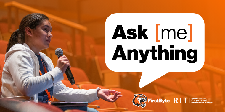 Ask [Me] Anything with FirstByte Logo and RIT GCCIS Lockup with a student talking in a mic 
