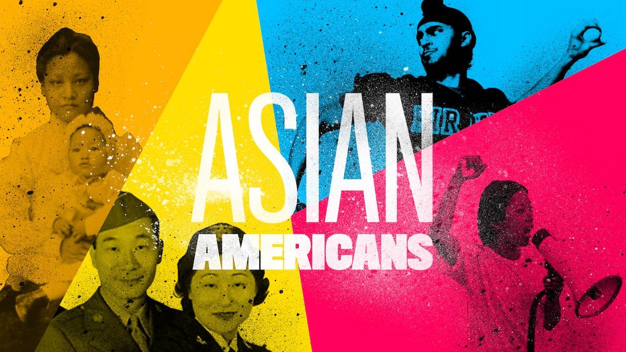 Asian Americans in centered with different shapes in bright colors in the background. Also in the background are images of different Asian American people.