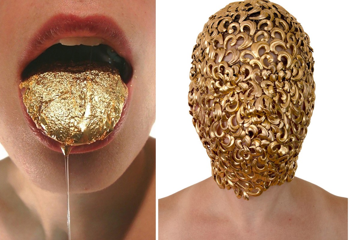 A side by side photo of a person with a gold tongue and another person wearing a gold mask.