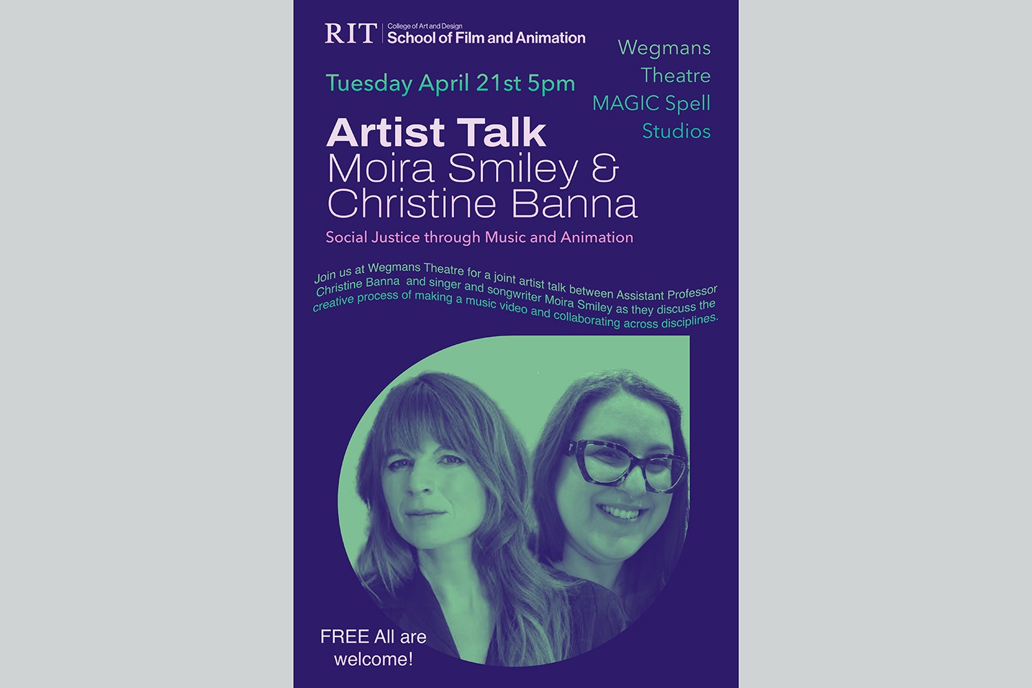A graphic promoting an artist talk with christine banna and moira smiley.