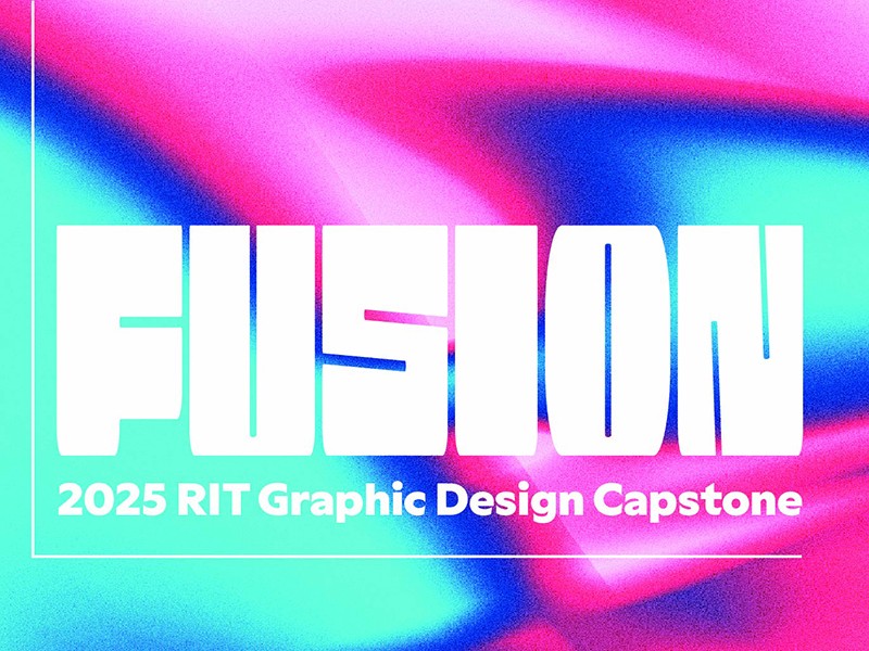 A graphic promoting the graphic design capstone exhibition, with a title of Fusion.