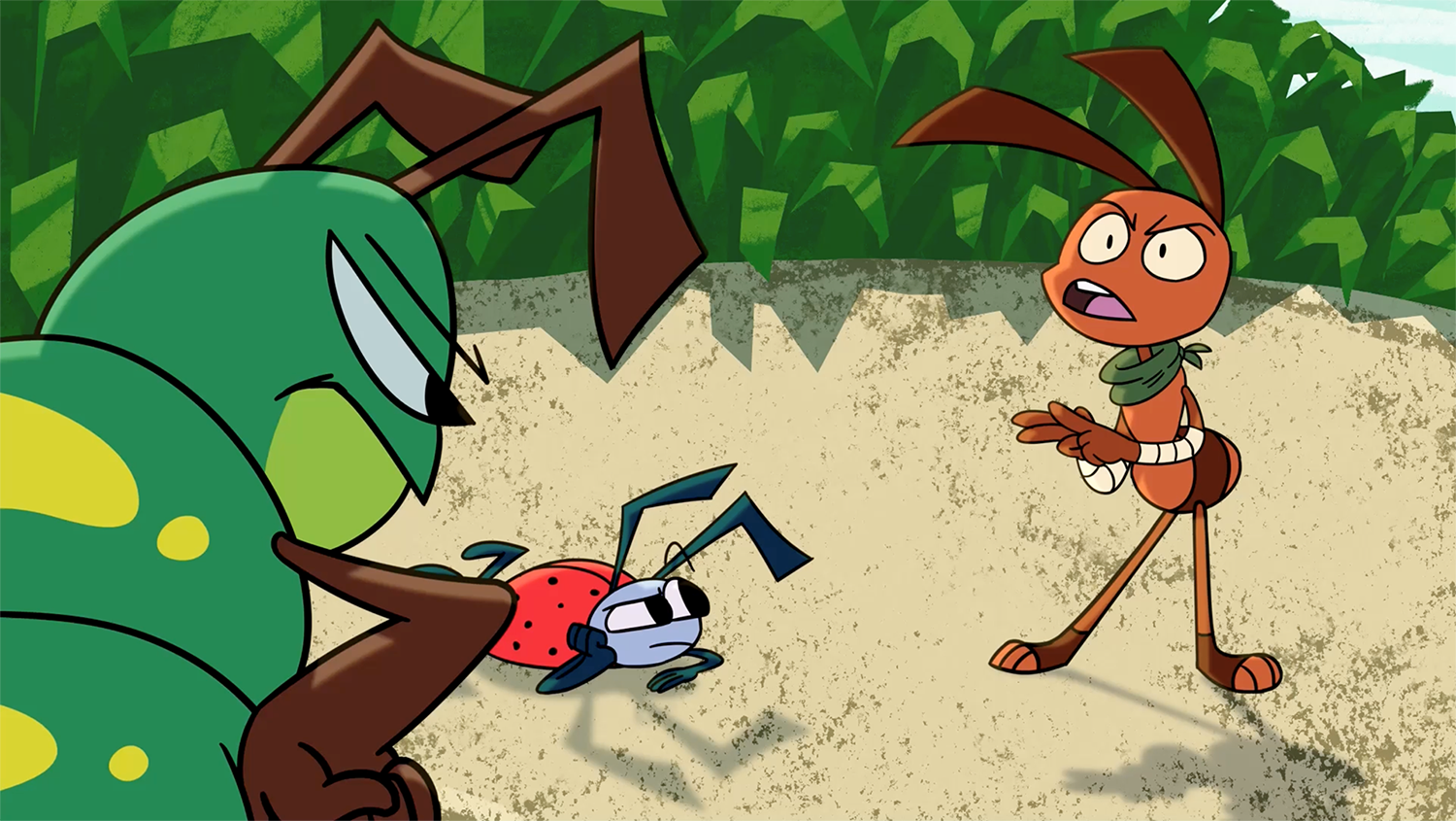 Three animated bugs with worried looks on their faces.