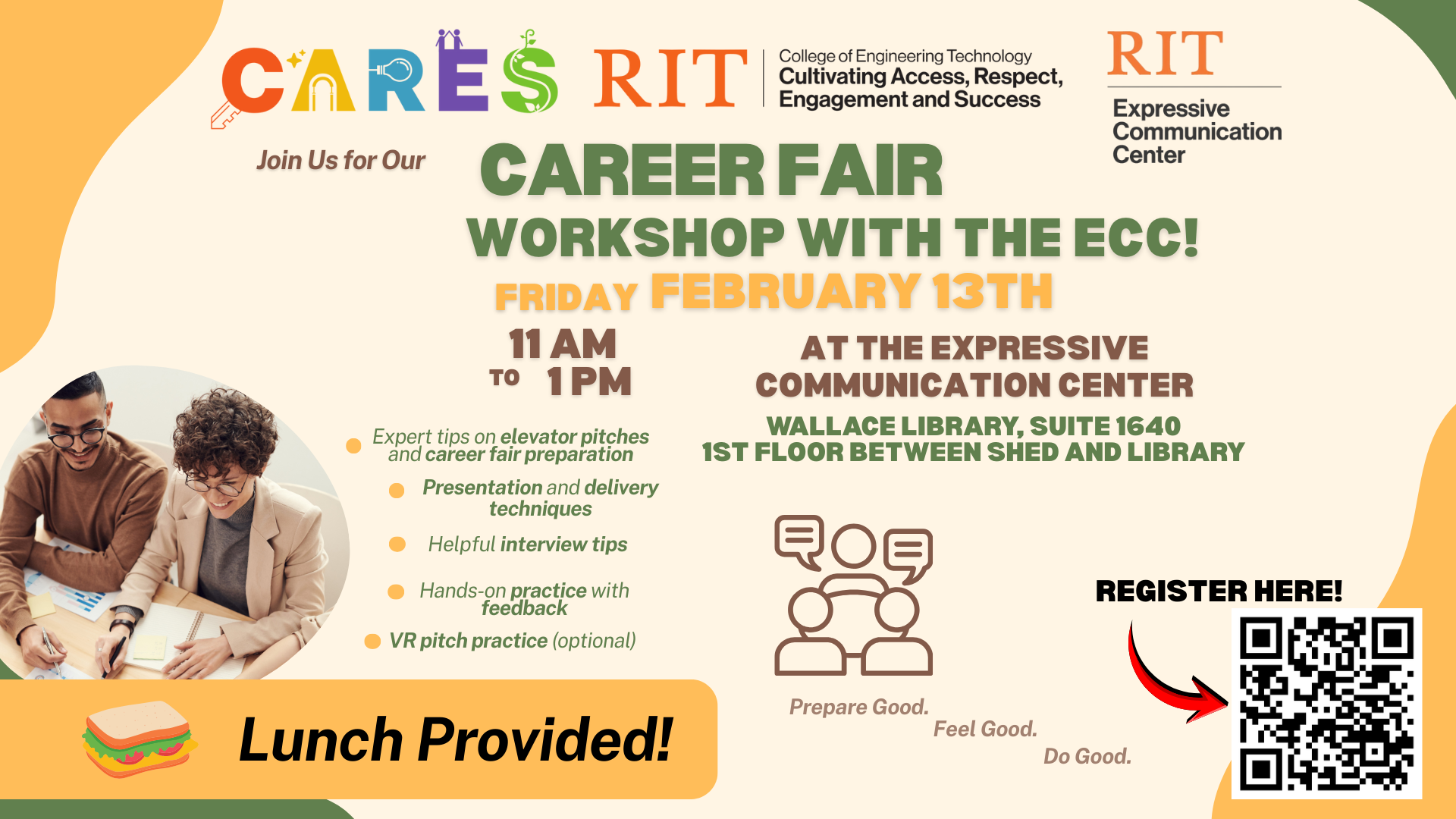 Career Fair Workshop promotional image for RIT on Friday, February 13th from 11 am to 1 pm. Includes "Lunch Provided!" with sandwich icon.