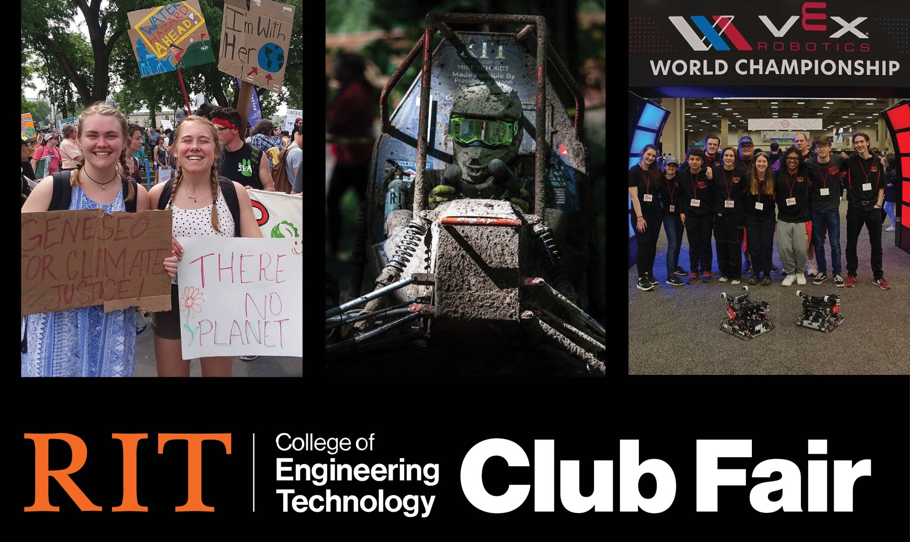 college of engineering technology club fair highlighting vex robotics club, baja, and sustainability