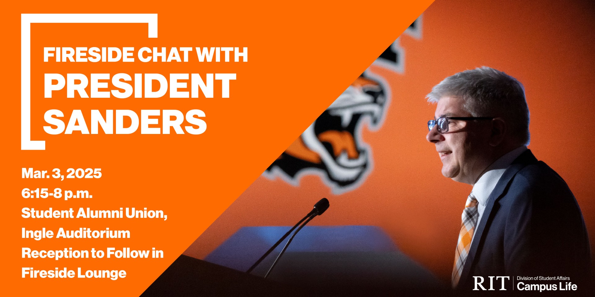 RIT's new president addressing a crowd at RIT, graphic shares event details