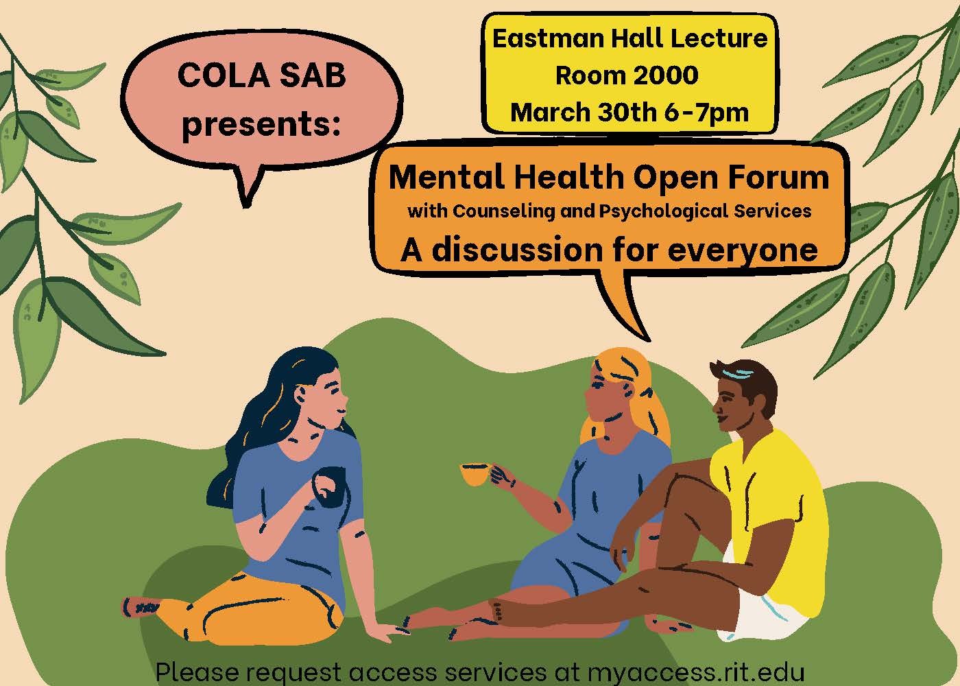 Image of three people sitting and talking with information about the event