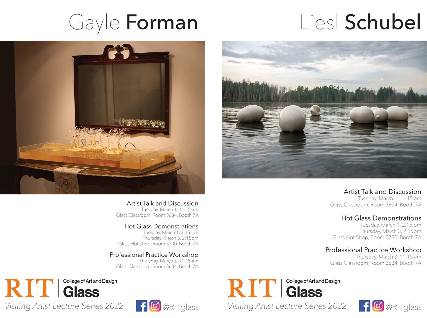 Side by side promotion posters highlighting visits from Gayle Forman and Liesl Schubel.