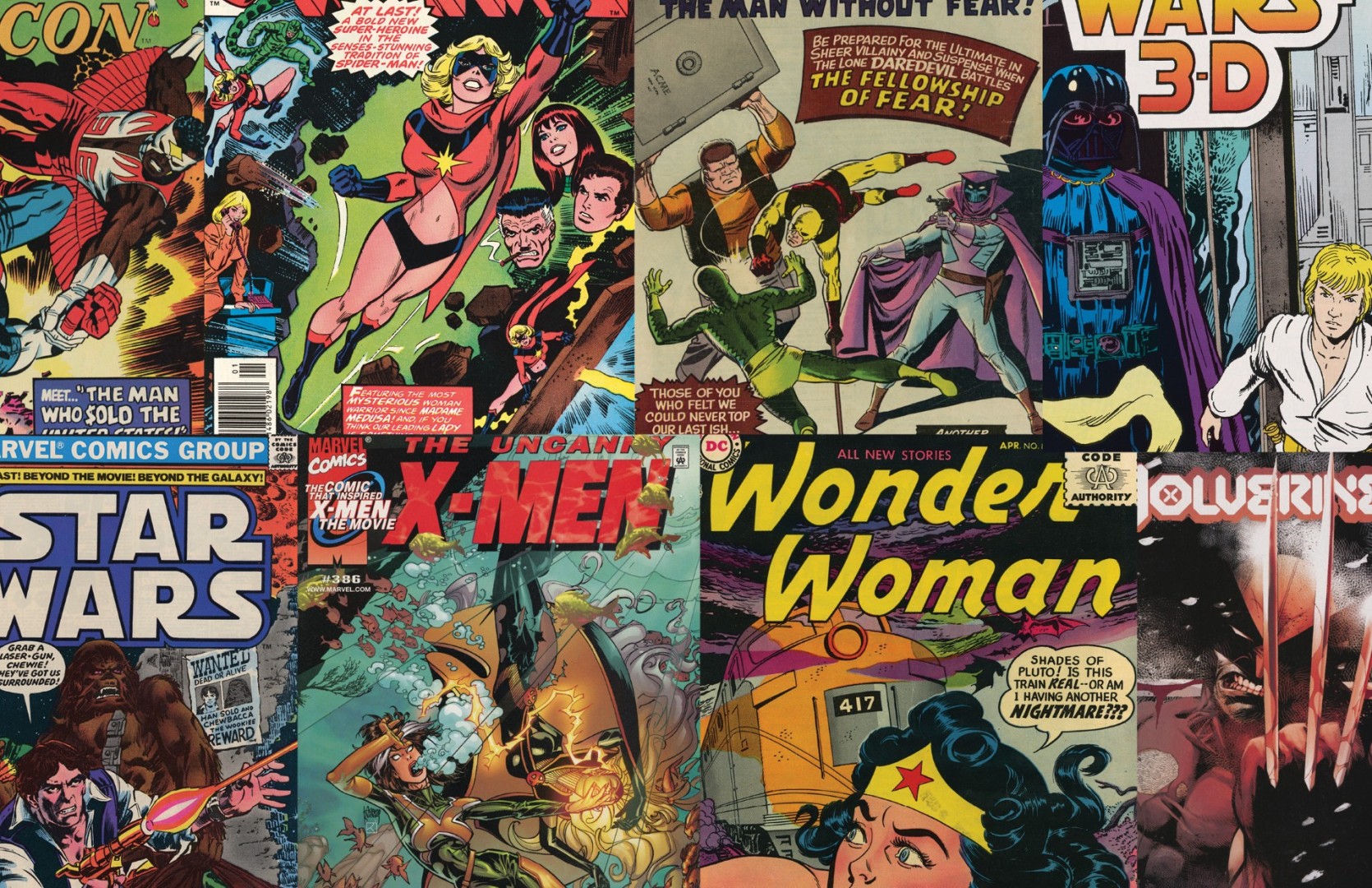 Covers of comic books such as Star Wars, Wolverine, and Wonder Woman.