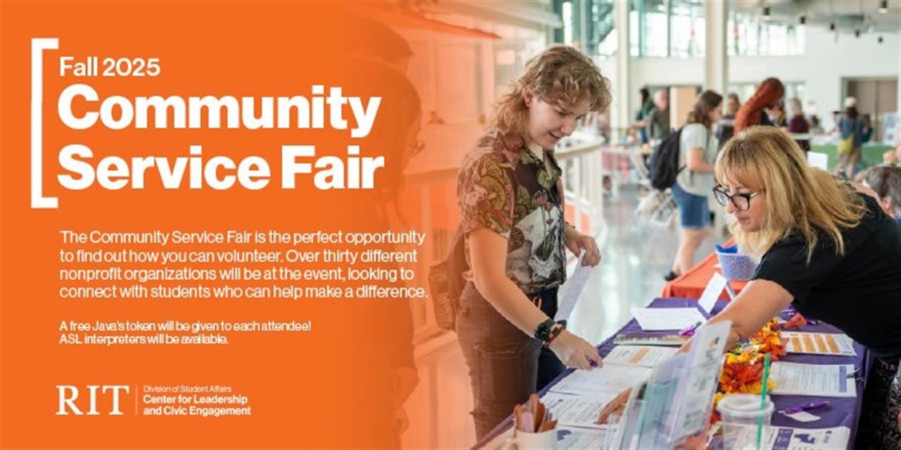 A graphic with Orange gradient with text that says "Fall 2025 Community Service Fair" with information about the fair and a photo of students checking out a table at the event