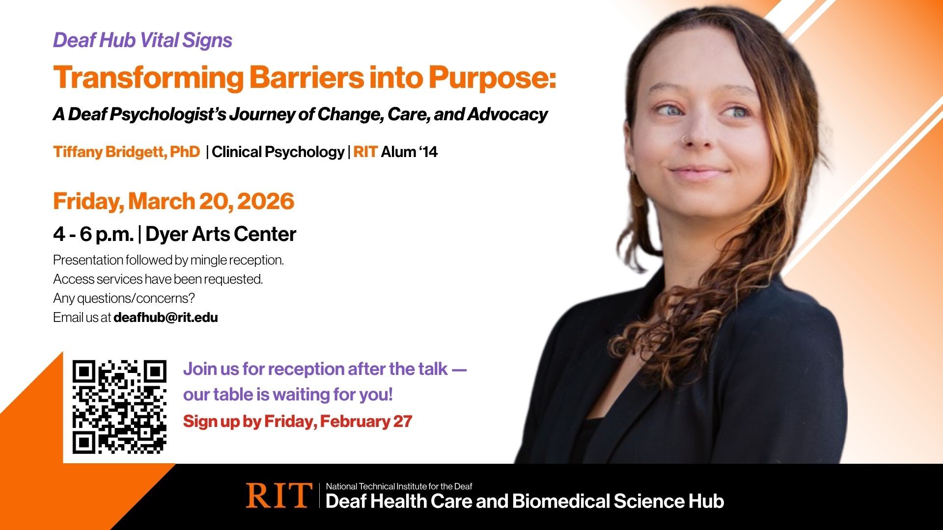 Tiffany Bridgett, PhD, Deaf Hub Vital Signs, Friday, March 20, 4 to 6 p.m., Dyer Arts Center