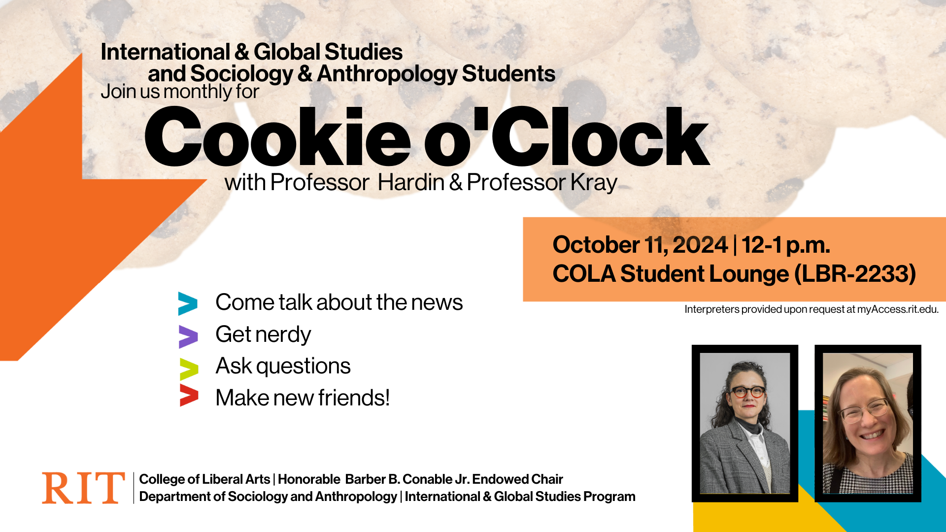 White background with cookies along the top, information about the event and images of the professors hosting the event