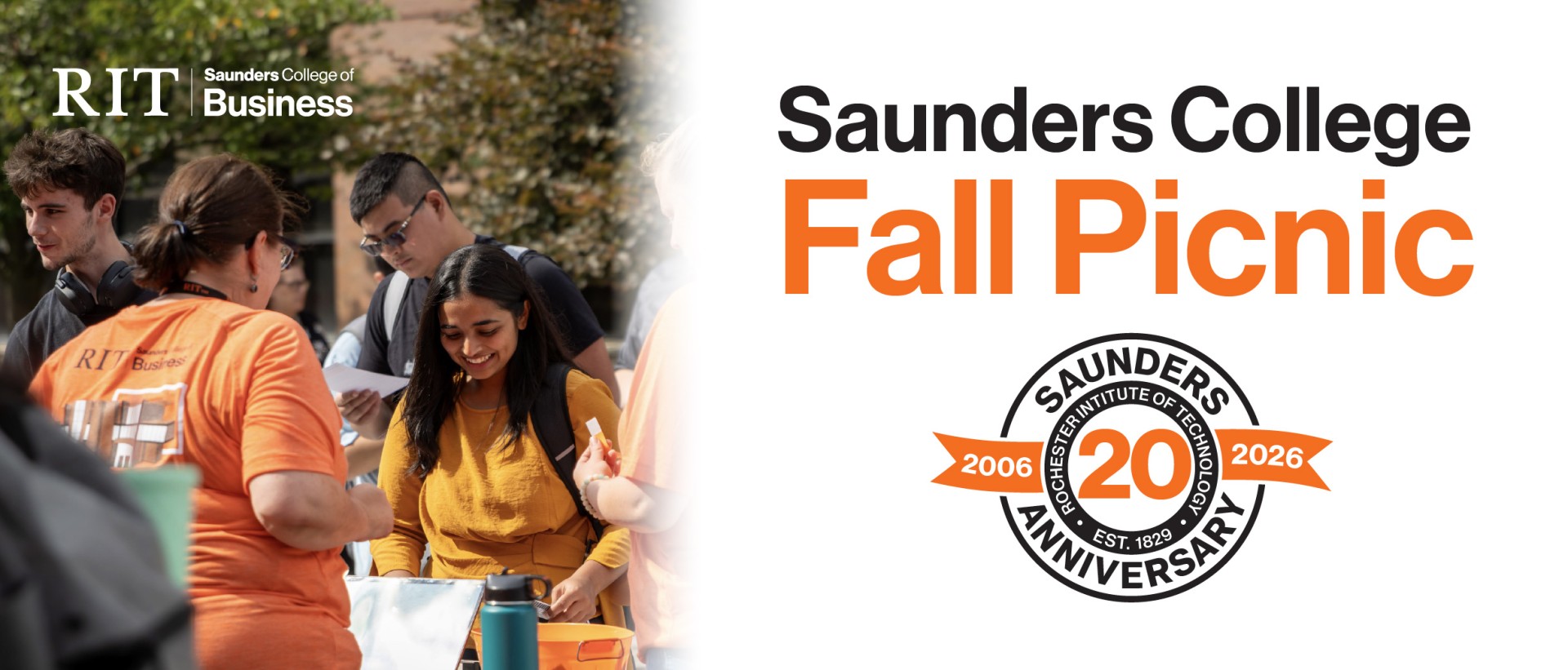Image of a student at a check in table with text that says Saunders College Fall Picnic