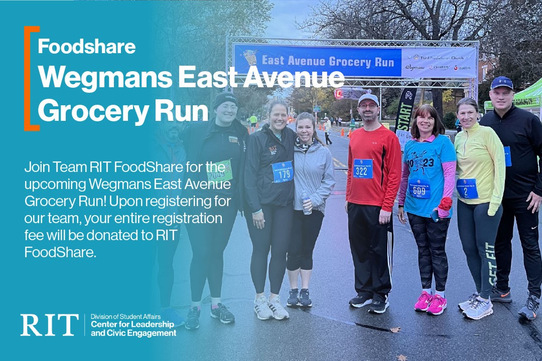 image of a group of smiling people under a banner for the East Avenue Grocery Run.