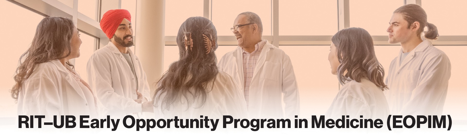 Graphic showing title of event and students and professors in white medical coats.