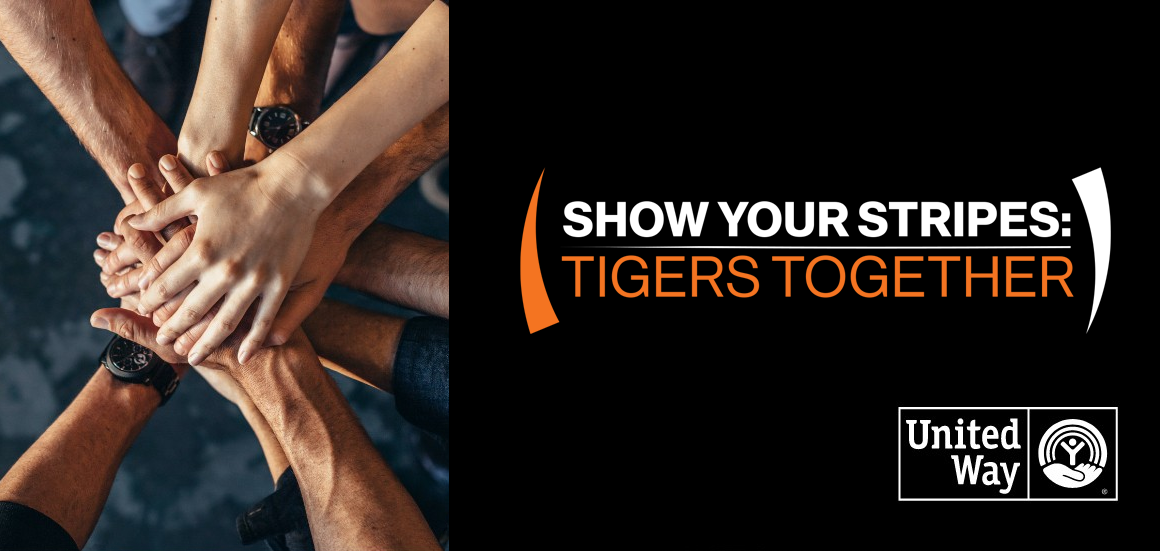 Image orange black with the words "Show Your Stripes" on top of the words "Tigers Together"