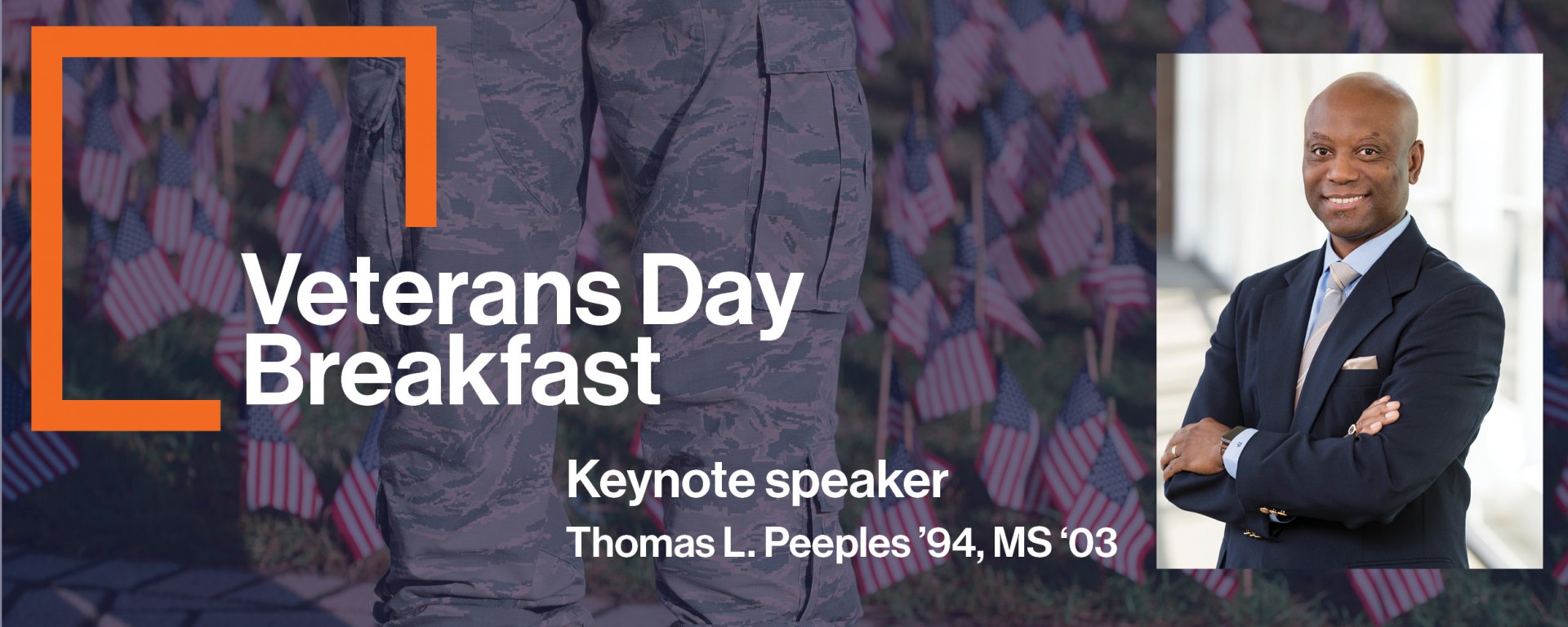 blue flag image with orange shape and white text and headshot