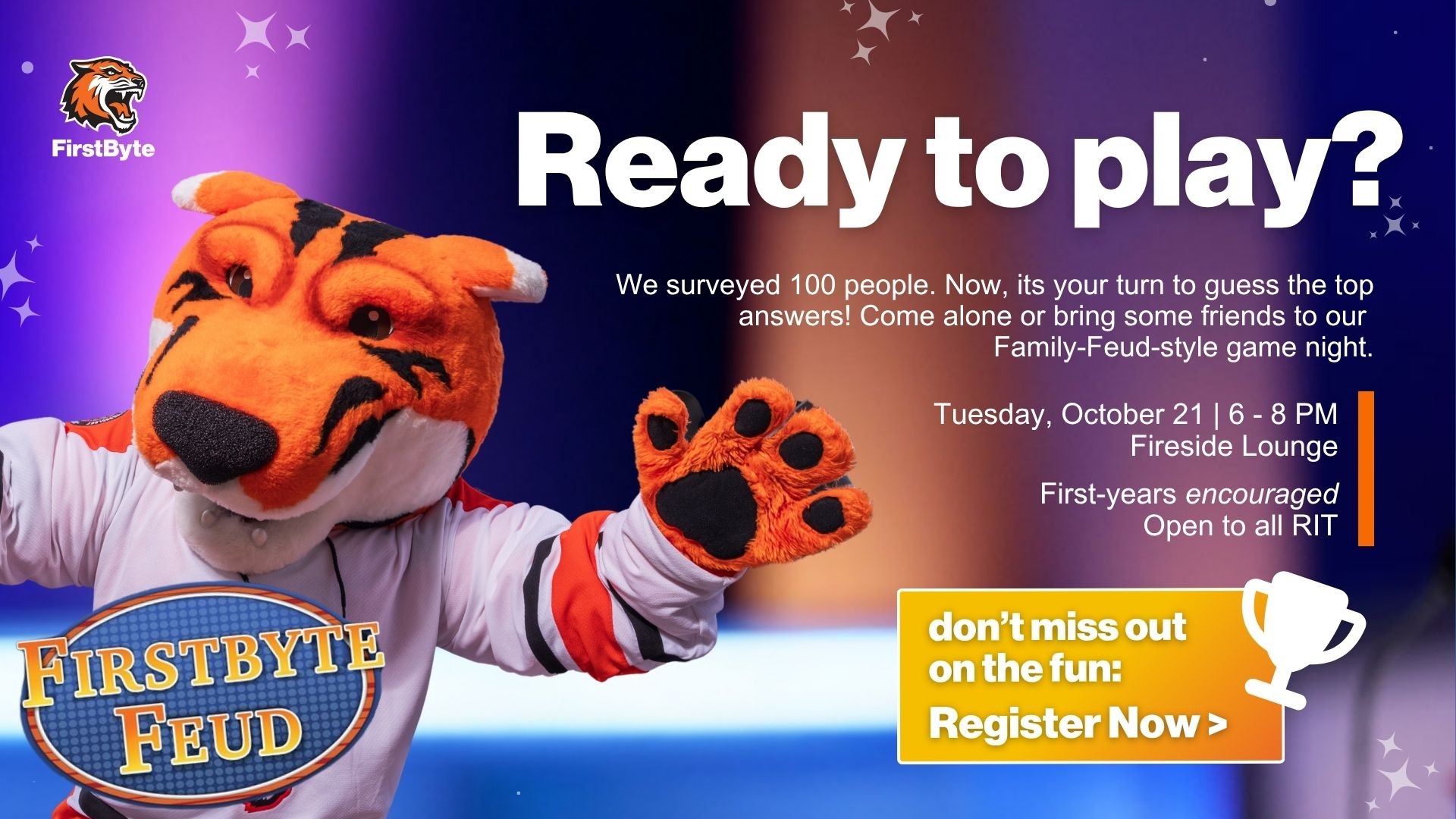 FirstByte Feud flyer picturing Ritchie. Text reads: Ready to play? Come alone or bring some friends to our Family-Feud-style game night