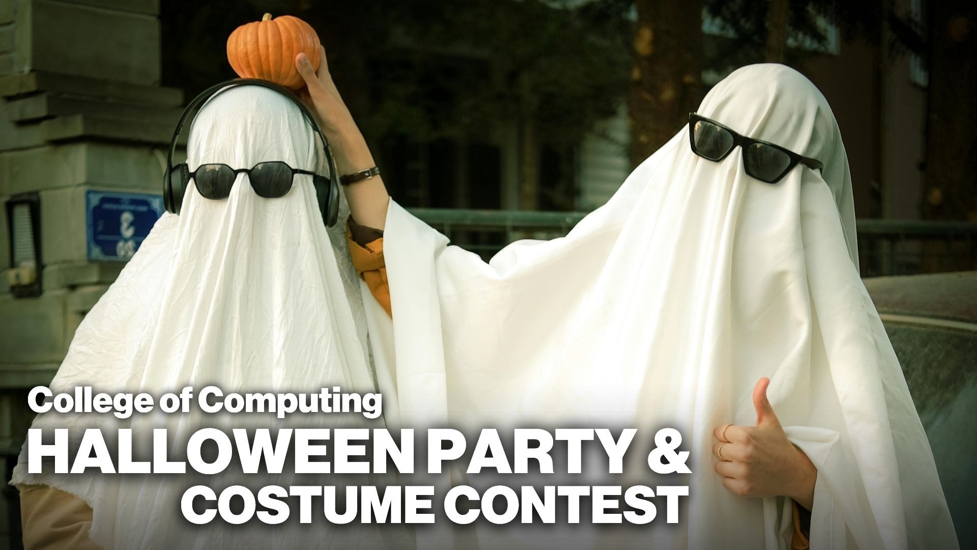 Two cool sheet ghosts who are friends with the text "College of Computing Halloween Party"