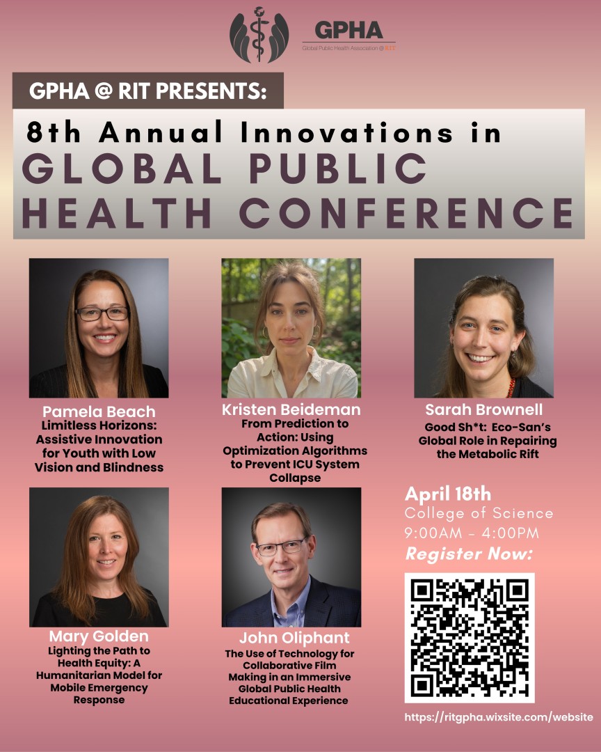 Flyer showing headshots of Global Public Health conference speakers (April 18, 9am - 4pm)