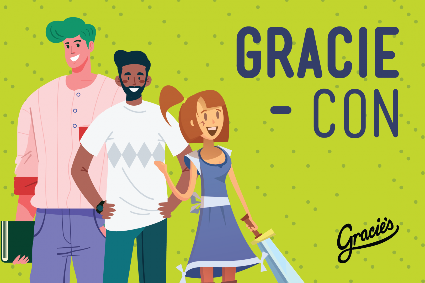 Three people standing in a green background with GracieCon in the top right corner 