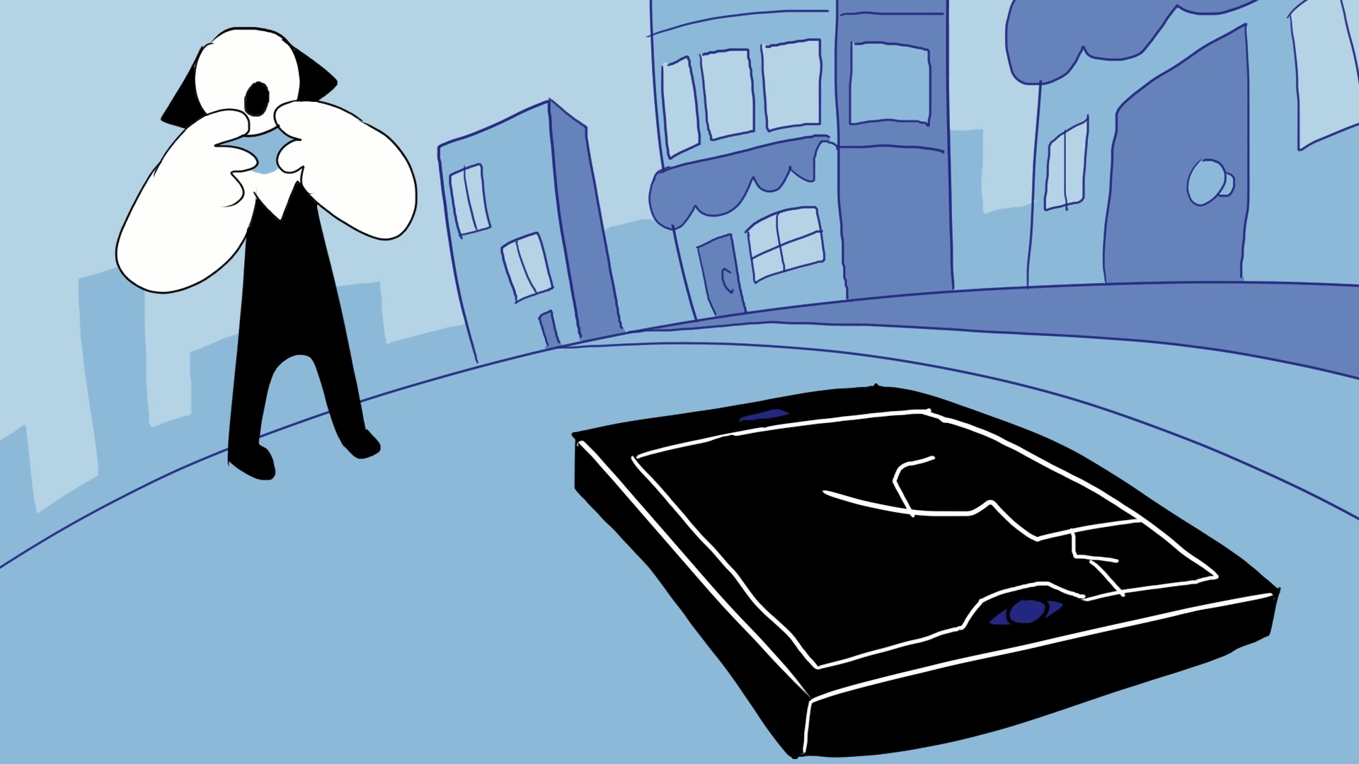 A 2D animation of a character with a shocked look on their face.