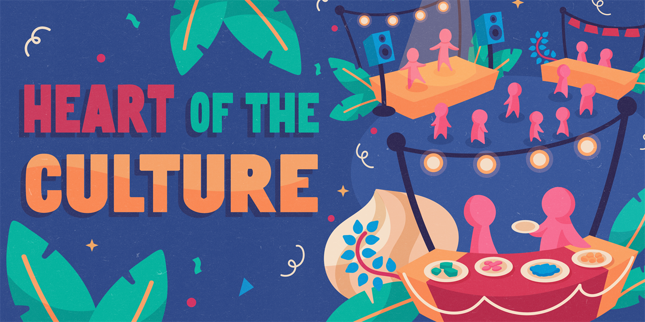 A graphic with the event title "Heart of the Culture" with drawn images of people and a stage with a table of food and string lights