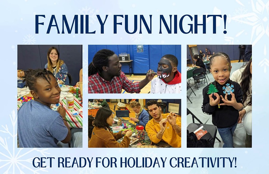A graphic with photos that reads Family Fun Night Get Ready for Holiday Creativity.