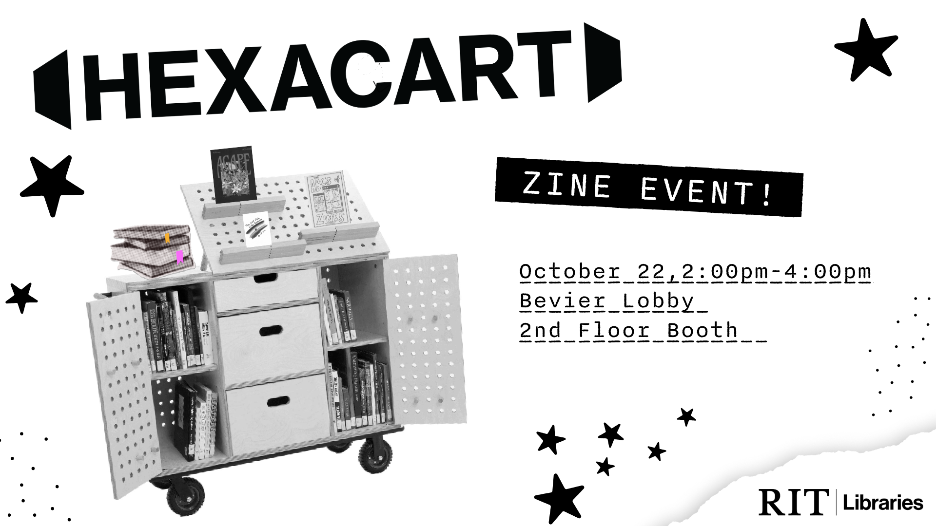 promotional graphic for event featuring black-and-white zine-y Hexacart image