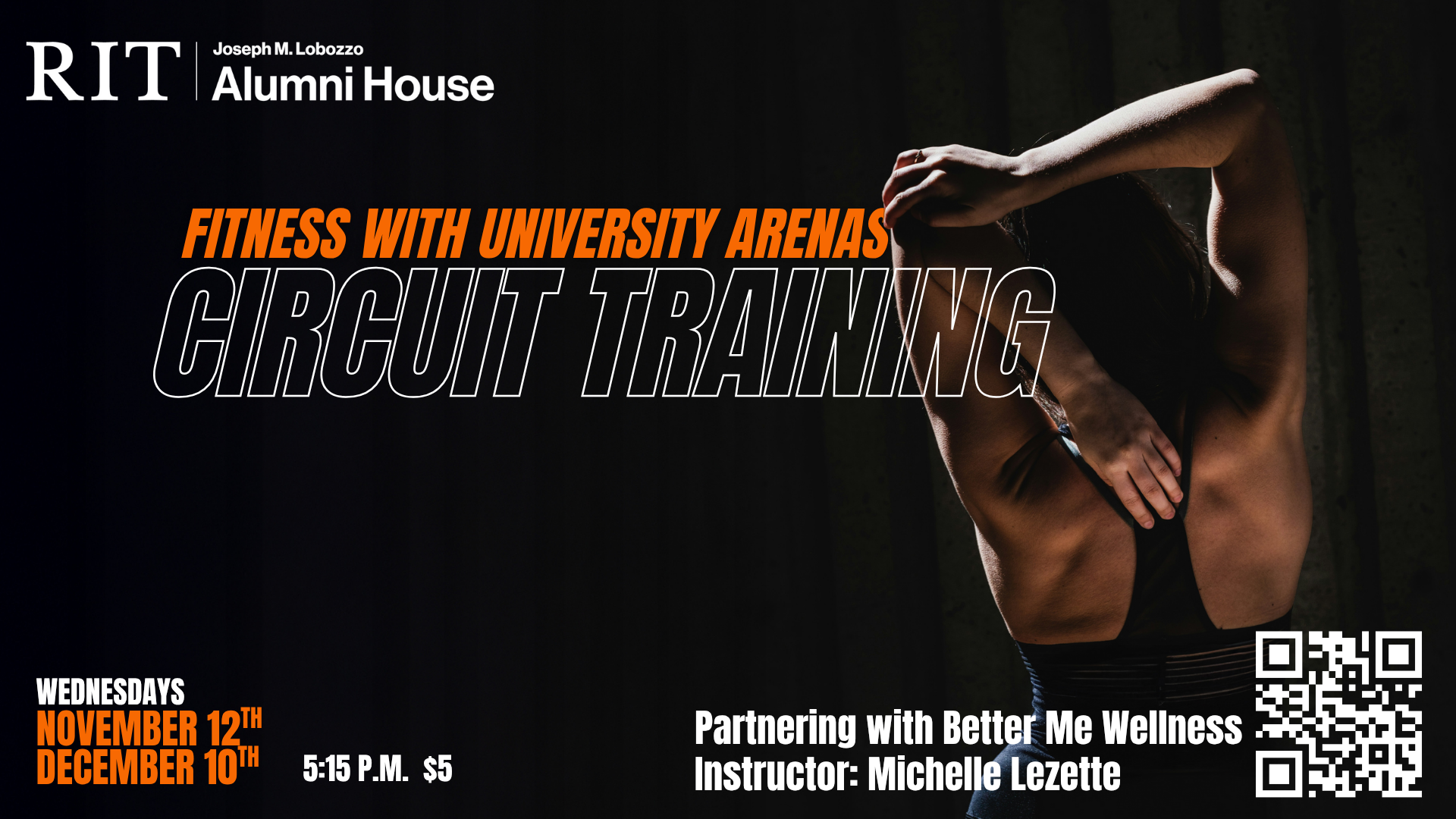 Person stretching. HITT & Core classes at Lobozzo Alumni House information. Register at RITTickets.com