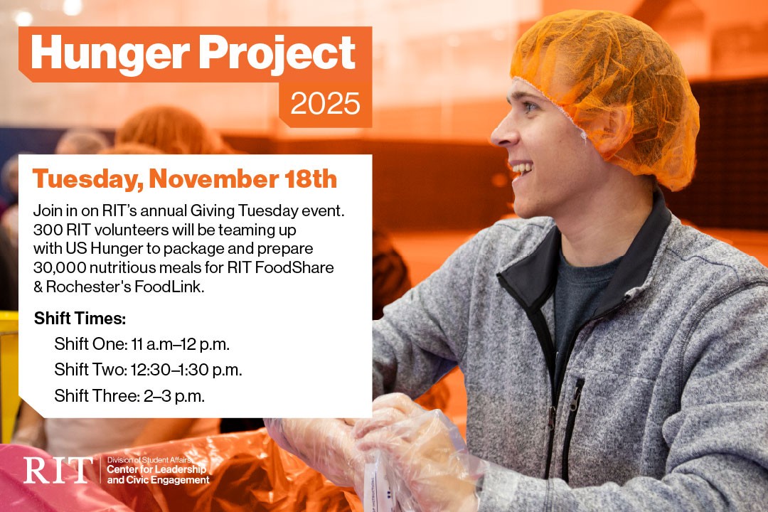 image of a student wearing an orange hair net, smiling, and packaging food food.
