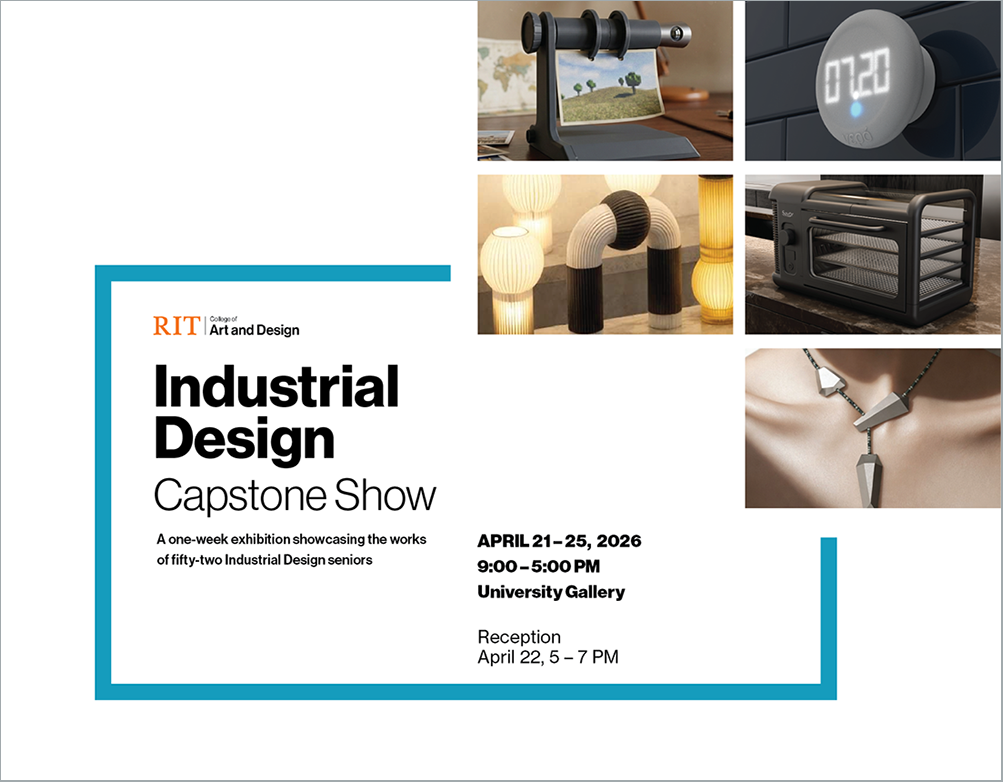 A graphic highlighting industrial design student work, with text outlining opening reception details for a gallery show.