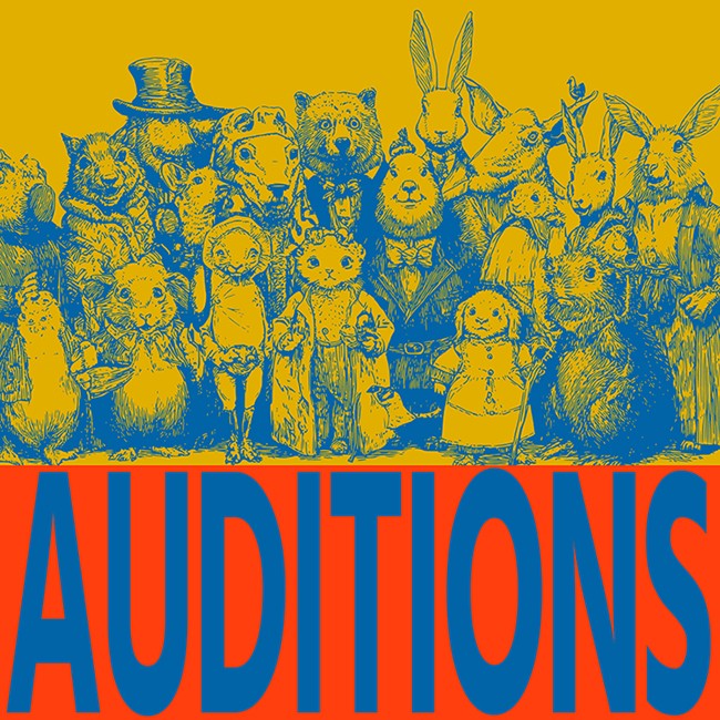 A cast of rabbits in different outfits on a graphic that reads AUDITIONS.