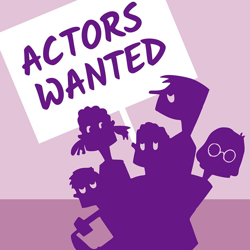 An animation of people holding a sign that says Actors Wanted.