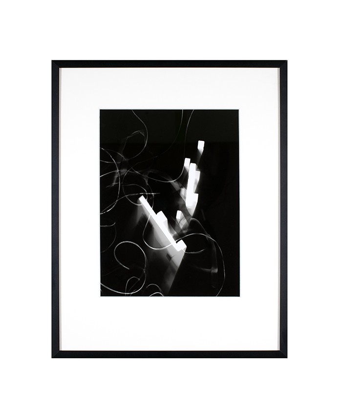 A black and white "photogram" — a process where materials are placed on or near unexposed light-sensitive photographic paper, exposed to light, and then developed using standard darkroom chemistry.