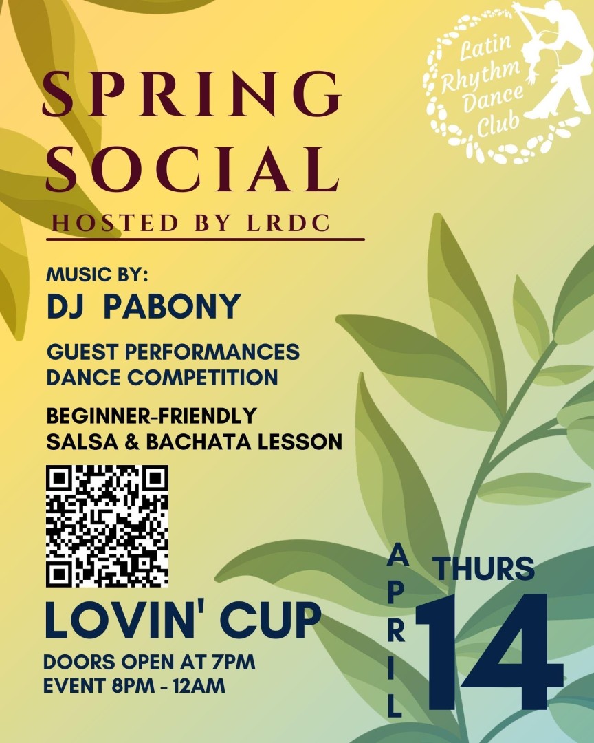 image of a plant on a yellow  background with the text Spring Social and the event description and QR code