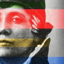 Stylized, high-contrast portrait of a person’s face partially visible, overlaid with bold horizontal color bands in red, white, blue, and yellow. The image focuses on one eye and part of the cheek, blending photographic detail with graphic, flag-like stripes for a dramatic, contemporary effect.